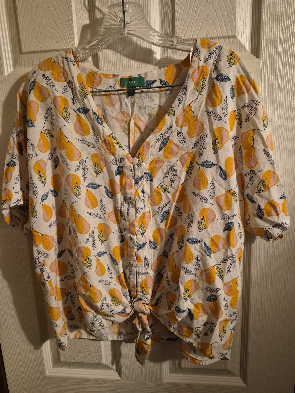 dip White Button-Front Top with Yellow Pear Print